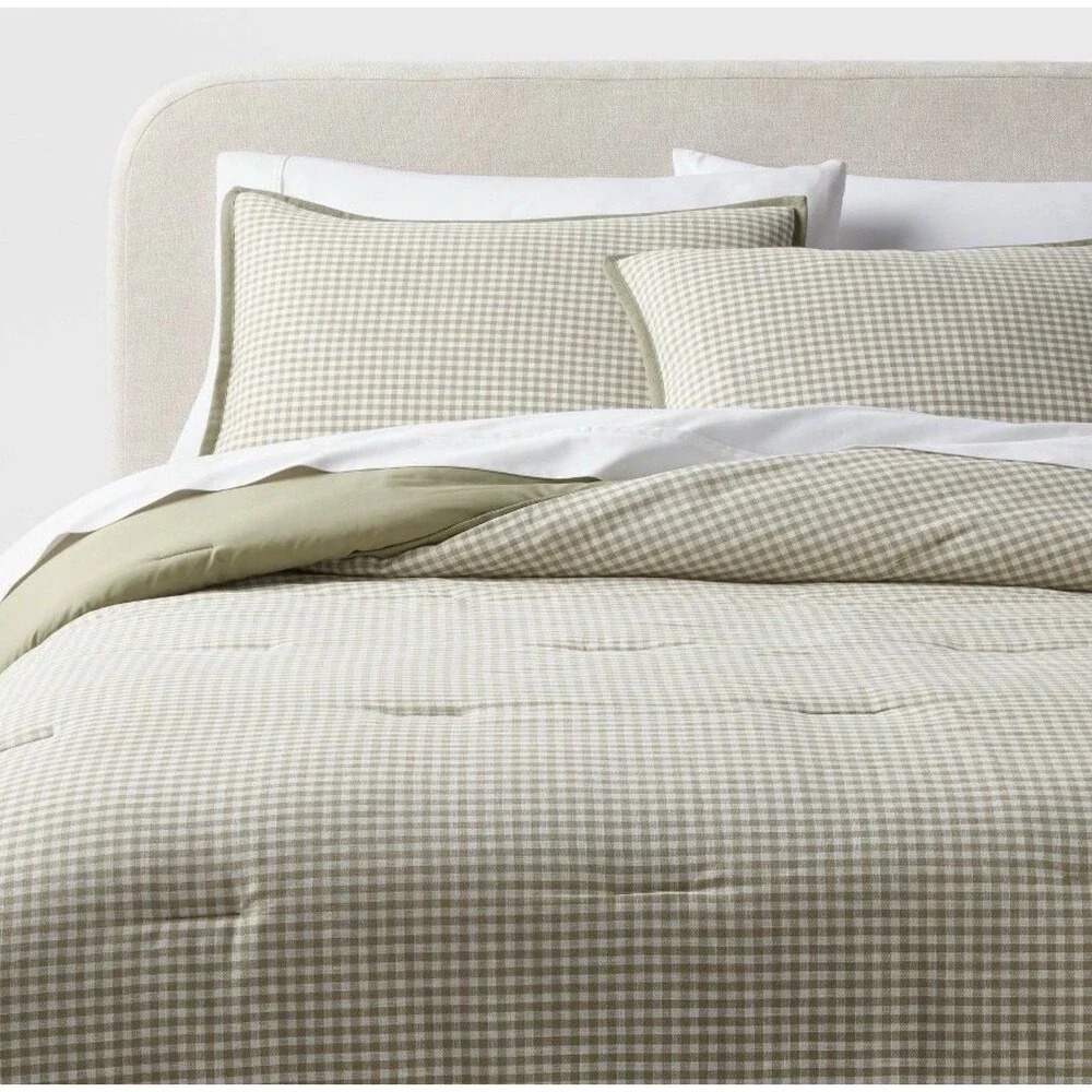 RARE Queen Mini Gingham Comforter and Sham Set Moss Green - Threshold